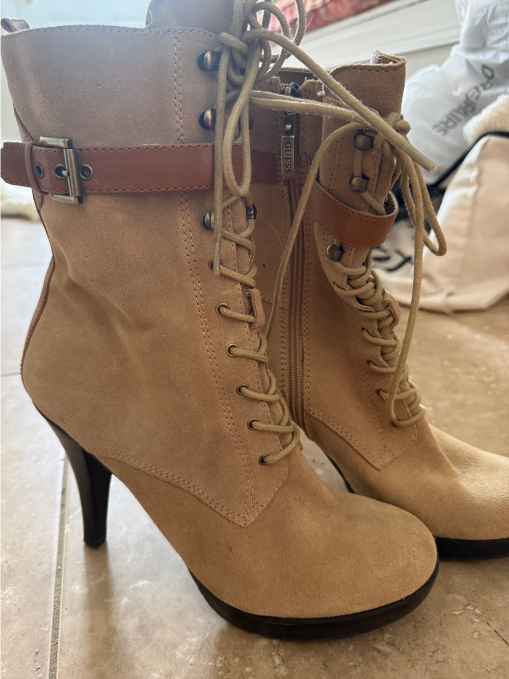 Guess Tan Suede Lace-Up Heeled Ankle Boots with Buckle Strap